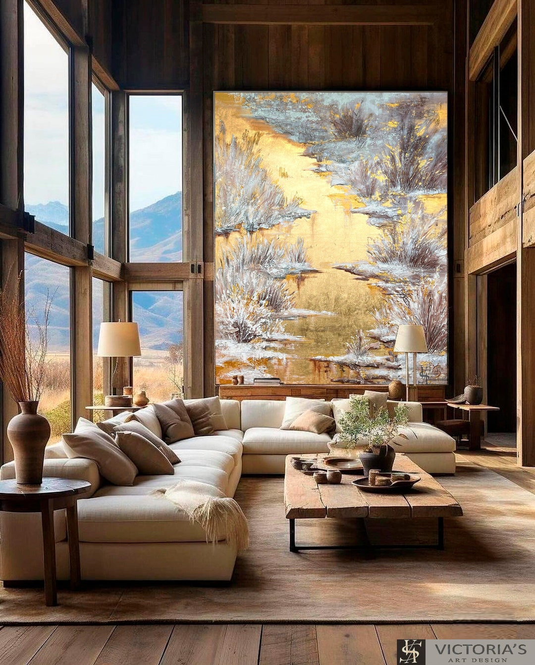 Elegant Original Oil Painting on Stretched Canvas Textured Abstract Golden Leaf Landscape Luxury ...