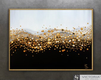 Original Abstract Oil Painting with Gold Leaf, Framed Wall Art