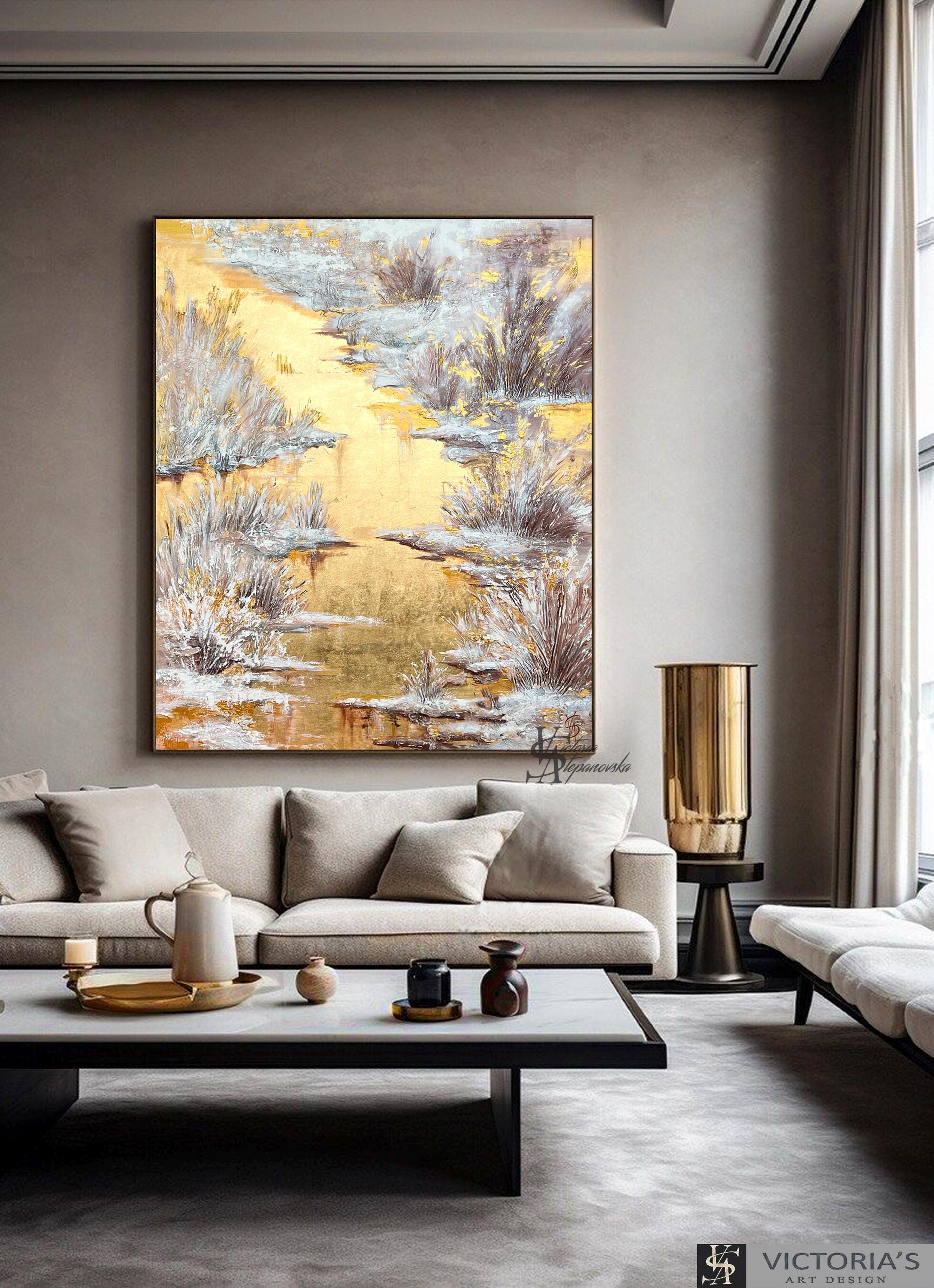 金箔の抽象油絵：質感のある風景画の大型壁アート - Etsy 日本