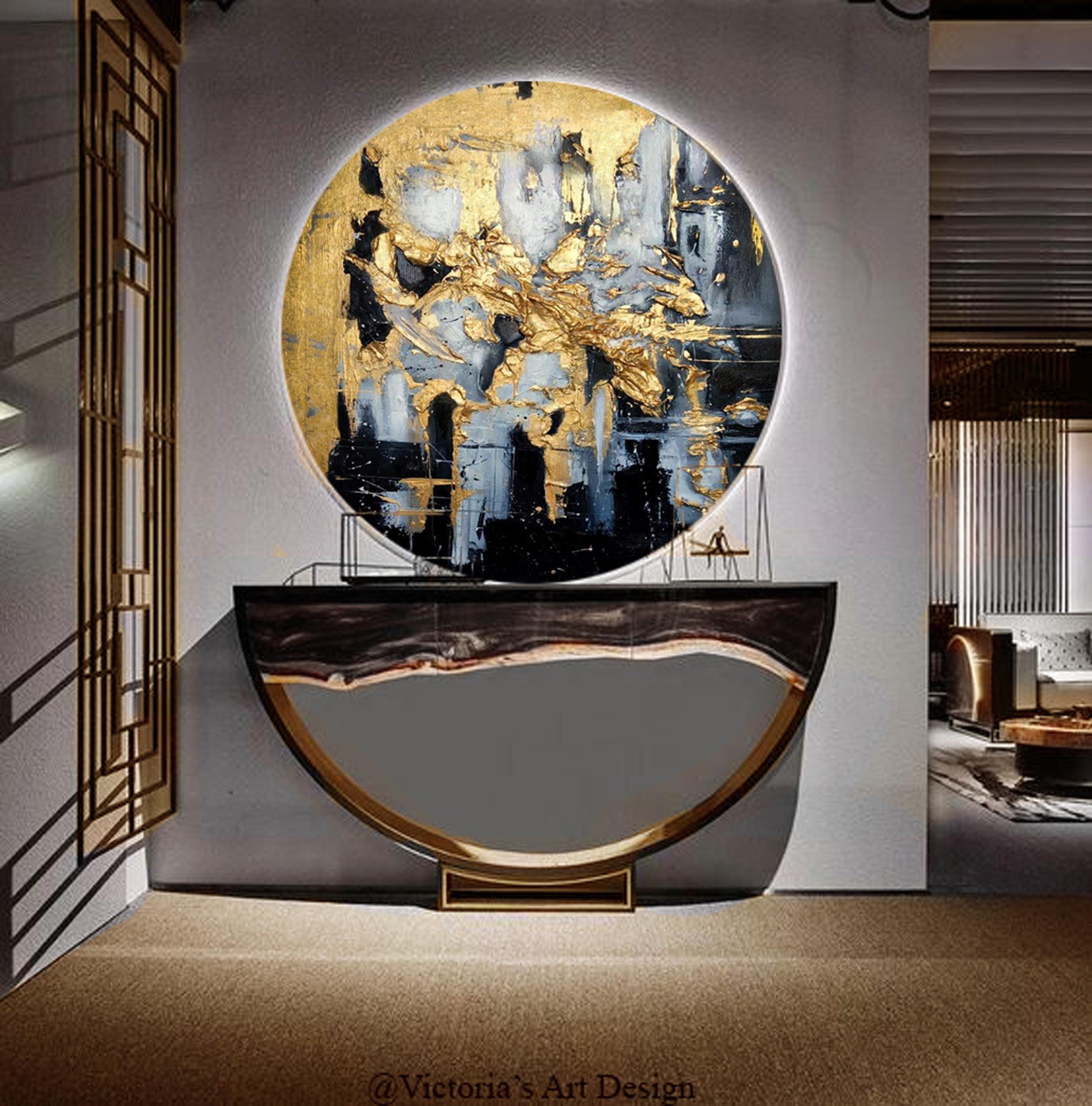 Oil Painting, Original Oil Painting Abstract Modern On Round Canvas Golden Leaf Large Wall Handmade Art by Victoria's Art Design