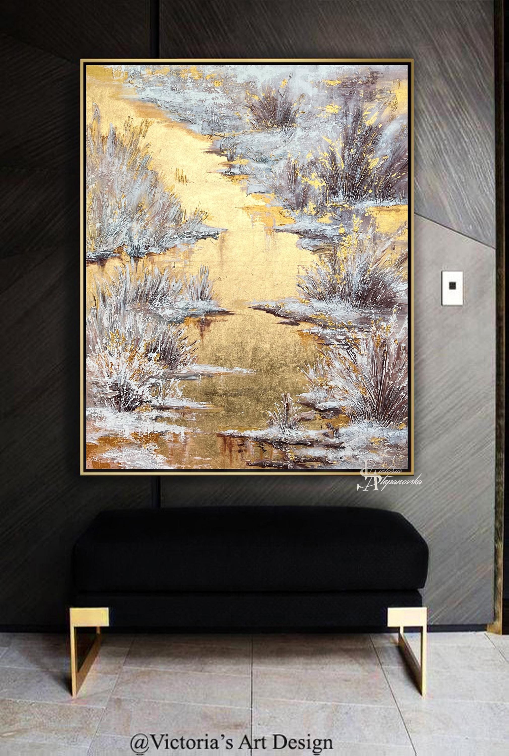 金箔の抽象油絵：質感のある風景画の大型壁アート - Etsy 日本