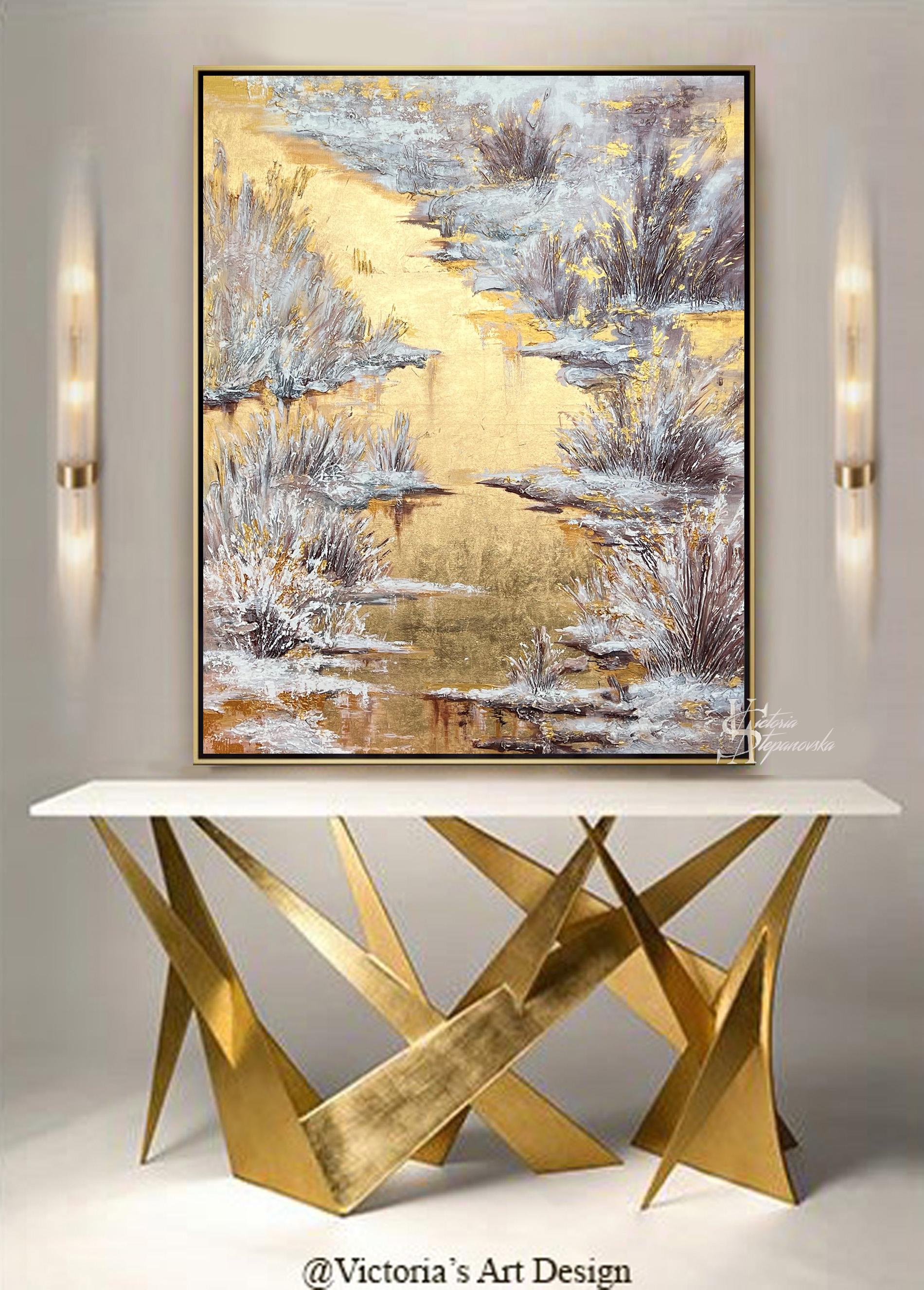 金箔の抽象油絵：質感のある風景画の大型壁アート - Etsy 日本