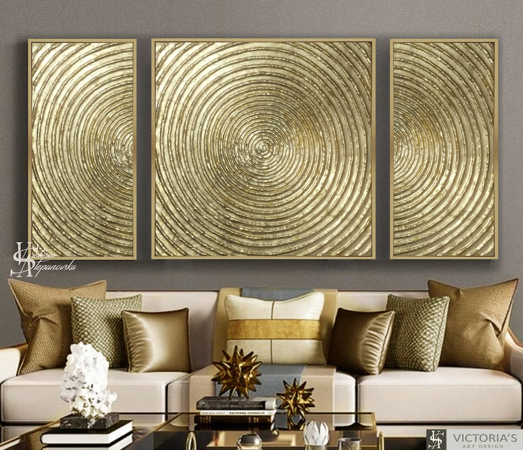 Original Oil Painting on Canvas Abstract Triptych Golden Leaf Large ...