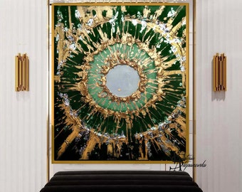 May include: Abstract painting with a green and gold color scheme. The painting features a circular design with a white center and gold and silver accents. The painting is displayed on a wall in a modern interior with a black velvet bench and gold accents.