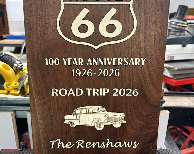 Route 66 Centennial Walnut Plaque | Personalized Road Trip Decor (1926-2026)