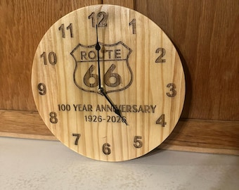 Route 66 Centennial Wood Clock | Engraved Anniversary Road Trip Decor