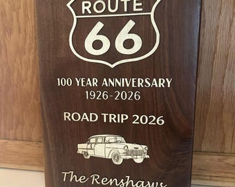 Route 66 Centennial Walnut Plaque | 1926-2026 Anniversary | Solid Wood & Maple Inlay | Road Trip Award
