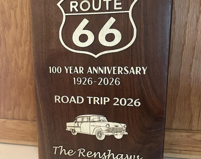 Route 66 Centennial Walnut Plaque | Personalized Road Trip Decor (1926-2026)