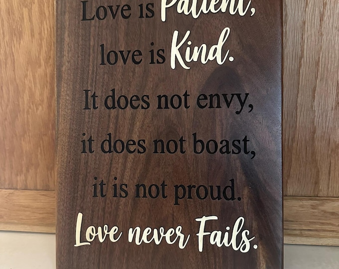 1 Corinthians 13 Walnut Wood Sign | Engraved Scripture Plaque, Christian Home Decor