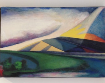 Camping - large original oil painting - modern abstract colorful,  camping in the geometric mountains with hanging clouds unique perspective