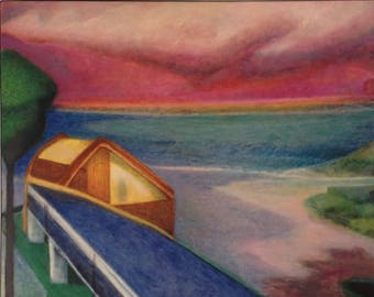 The Cabin - large modern original oil painting, a cabin by a lake with vibrant sunset featuring hanging clouds, modern geometric colorful