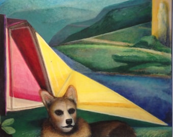 Venus with Dog - large modern original oil painting - Corgi in a abstract geometric colorful landscape with modern architecture