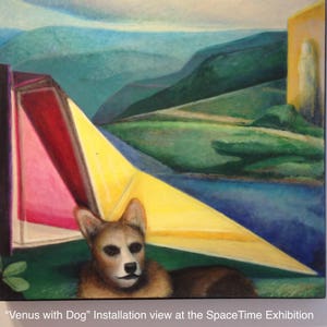 Venus with Dog - large modern original oil painting - Corgi in a abstract geometric colorful landscape with modern architecture
