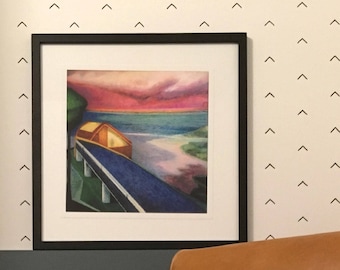 The Cabin - Limited Edition Unframed Giclee Print of Original Oil Painting Watching Sunset from a Cabin by a Lake modern geomtric landscape