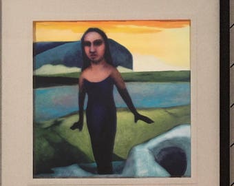 Bluebeards Castle - Limited Edition Unframed Giclee Print of Original Oil Painting woman surprised at sunset with modern geometric landscape