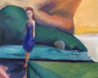 Scenic View, large original oil painting - girl in a landscape with unique perspective and vibrant color