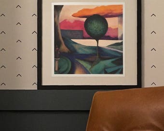 Sunset - Limited Edition Unframed Giclee Print of Original Oil Painting Park scene with a geometric citiscape Modern Abstract Colorful