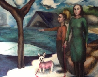 The Park, Winter (Pink Sweater) very large original modern oil painting , 3 figures and a white dog near a frozen lake in a park setting