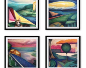Set of 4 Framed Giclee Prints of the SpaceTime series of Paintings Modern Abstract Colorful (Frame Options: Floating or 2" Mat)