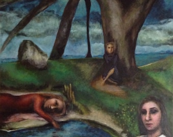 The Park, Fall Modern original oil painting - very large 3 figures in a park setting underneath a tree with unique perspective