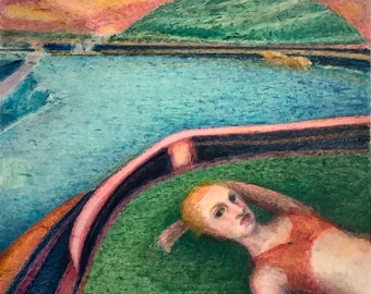 California (2020) - modern original oil painting, a young woman wearing a bikini top laying on grass with a lake modern geometric colorful