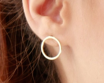 OPEN CIRCLE STUD Earrings 14k Gold Solid Flat Circle Posts, Everyday Minimalist Jewelry, Gift for her