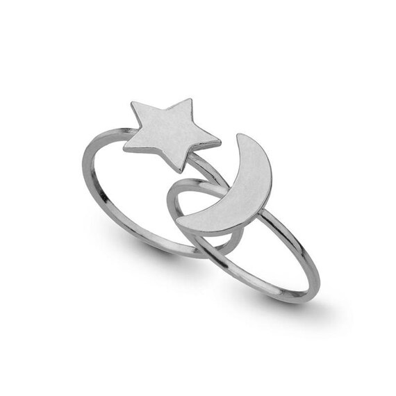14k White Gold Moon and Star Ring Set Stacking Rings Celestial Jewelry, Free Shipping