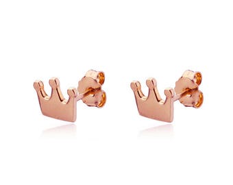 14k Rose Gold Princess Crown Stud earrings Small Tiara Posts Whimsical Jewelry, Birthday Gift for her