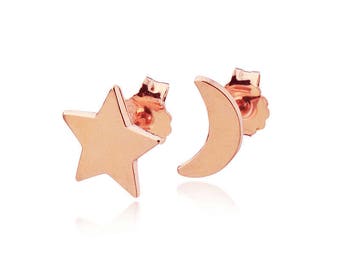 14k Rose Gold Moon And Star Stud Earrings post earrings Boho Chic Jewelry, Birthday Gift for her