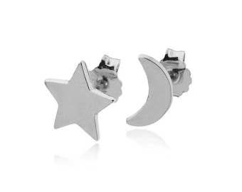 14k White Gold Moon And Star Stud Earrings post earrings Boho Chic Jewelry, Birthday Gift for her