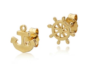 Anchor and Rudder Stud Earrings 14k Gold Solid Sailor Ship Wheel Posts Nautical Jewelry