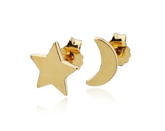 Moon And Star Stud Earrings 14k Gold Solid post earrings Boho Chic Jewelry, Birthday Gift for her