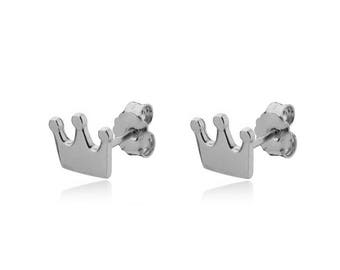 14k White Gold Princess Crown Stud earrings Small Tiara Posts Whimsical Jewelry, Birthday Gift for her