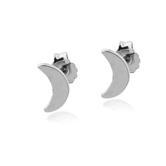14k White Gold Moon Stud Earrings Crescent Moon Post Earrings