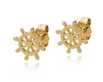 Ship Wheel Stud Earrings 14k Gold Solid Rudder Helm post Earrings Sailor Boat Nautical Jewelry