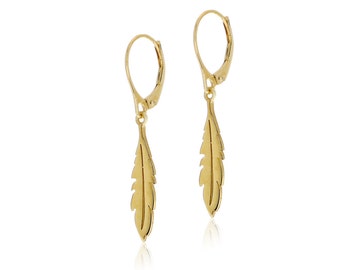 Feather Drop Earrings 14k Gold Solid Bohemian Dangle Earrings Boho Jewelry, Gift for her