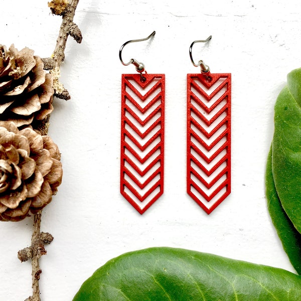 MINI TIKKA red tribal drop earrings, First Nation inspired chevron earrings with a modern twist, geometic wooden laser cut earrings