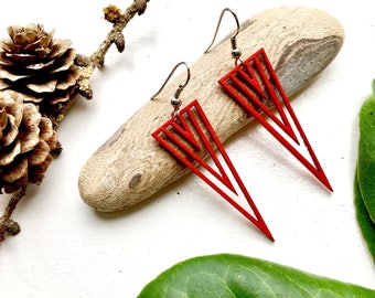MINI GLYMUR minimalist earrings, red wooden earrings, laser cut earrings, statement earring, bridesmaid earrings, triangle earrings