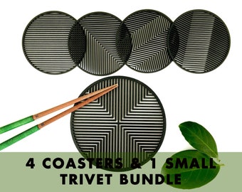 MOIRÉ bundle (4 coasters and 1 trivet) - wooden trivet - nordic home decor - trivet for hot dish - tea coaster set - laser cut coasters