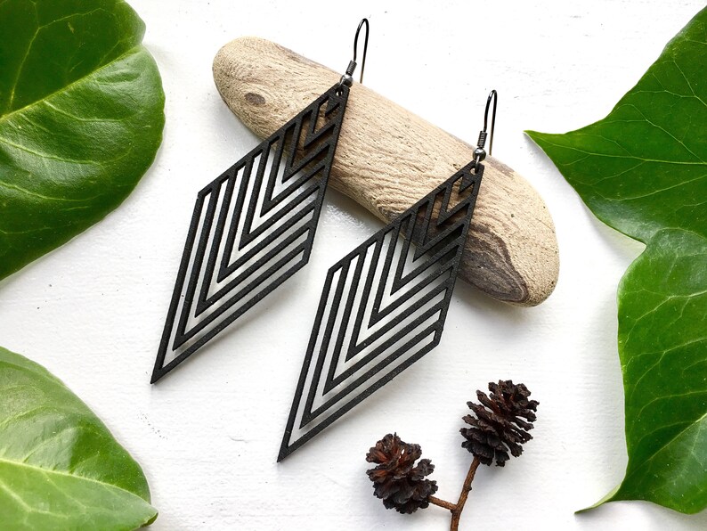 LOVATNET rhombus wooden earrings, large wooden statement earrings, Danish design minimalist earrings image 1