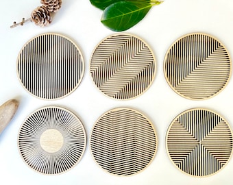 MOIRÉ wooden coasters (set of 6 pcs) - nordic home decor - laser cut coasters - natural wood coasters  - coasters for drinks