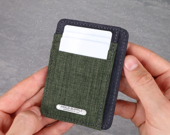 Portafoglio con tasca frontale personalizzato, portafoglio con tasca frontale in tela verde minimalista, porta carte e contanti in tessuto vegano personalizzabile, fatto a mano