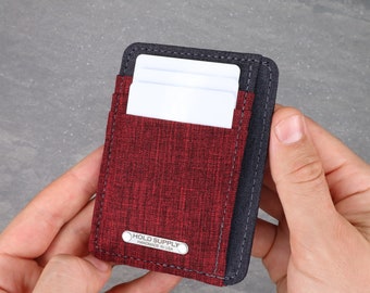 Portafoglio con tasca frontale personalizzato, portafoglio con tasca frontale minimalista in tela rossa, porta carte e contanti in tessuto vegano personalizzabile, fatto a mano