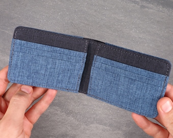 Portafoglio bifold personalizzato, portafoglio bifold in tela da uomo, portafoglio vegano personalizzato, portafoglio per carte e contanti in tessuto blu, fatto a mano negli Stati Uniti