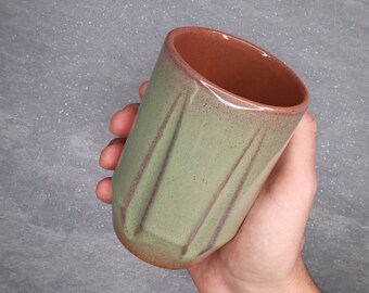 Ceramic Mug, Green and Red 16 oz Round Notched Stoneware Cup, Clay Coffee and Tea Mug, Ceramic Tumbler, Handmade Pottery from California