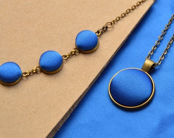 Royal Blue Necklace, Royal Blue Pendant, Minimalist Blue Necklace, Minimalist Blue Pendant, Blue Fabric Button Necklace