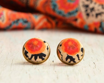 Orange Black Earrings, Rose Button Earrings, Vintage Fabric Button Earrings, Valentine's Day Gift, Boho Stud Earrings