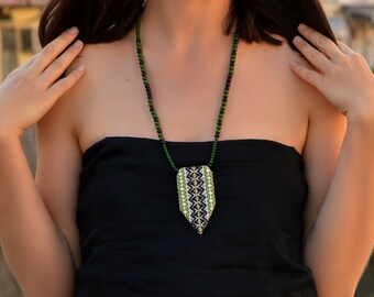 Handmade Embroidered Statement Necklace: Boho Wooden Beaded Pendant