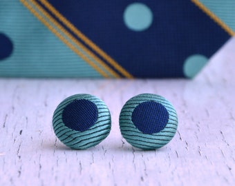 Blue Silk Fabric Button Earrings, Vintage Fabric Button Earrings, Blue Silk Fabric Button Studs