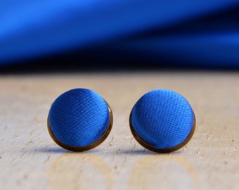 Royal Blue  Earrings, Cobalt Blue Fabric Button Studs, Dark Blue Satin Earrings, Antique Leverback Earrings, Minimal Blue Studs